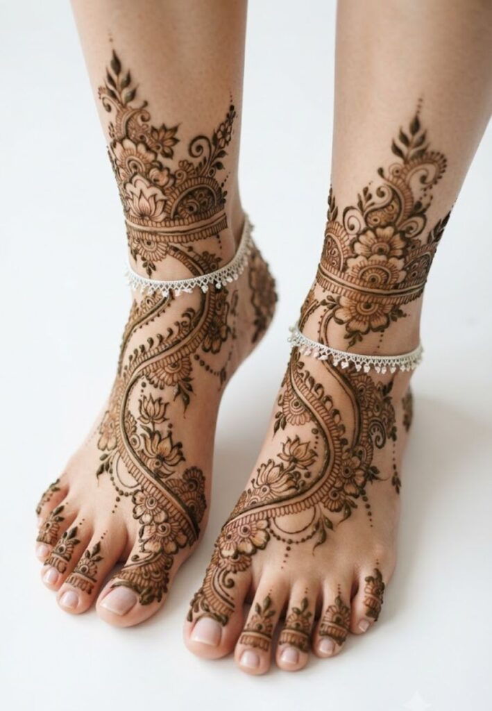 Simple Leg Mehndi Designs on feet with elegant floral patterns