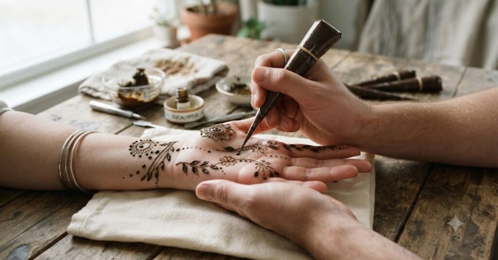 Beginner practicing simple mehndi design patterns on hand