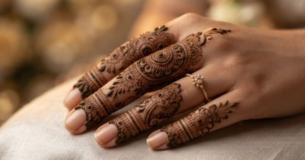 Elegant royal finger mehndi design with detailed floral patterns