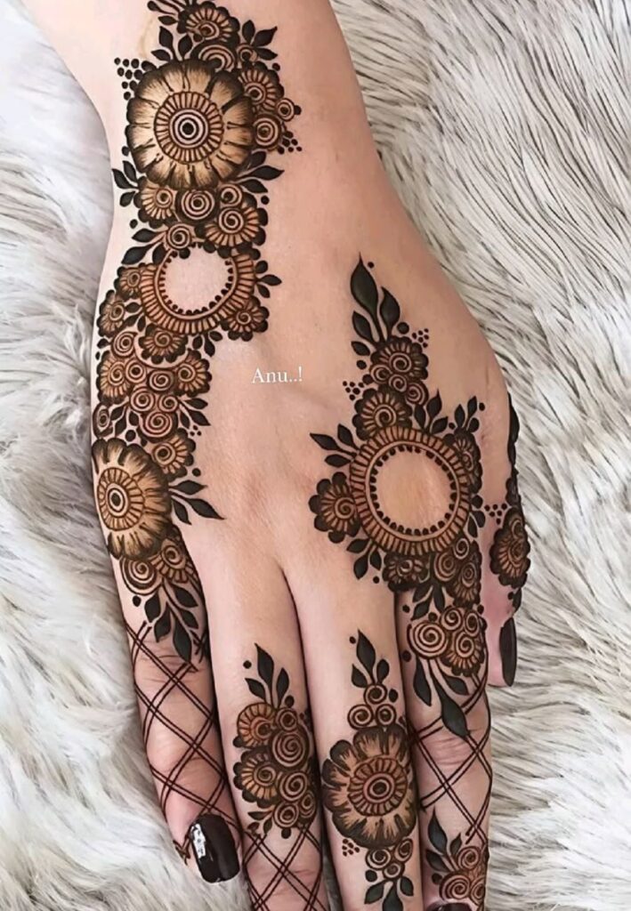 Elegant Anniversary Mehndi Designs featuring romantic floral and heart-inspired henna patterns.