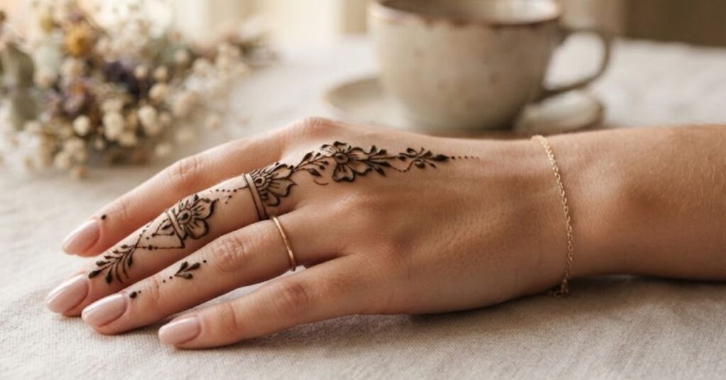 Simple one finger mehndi design showing minimal henna art style
