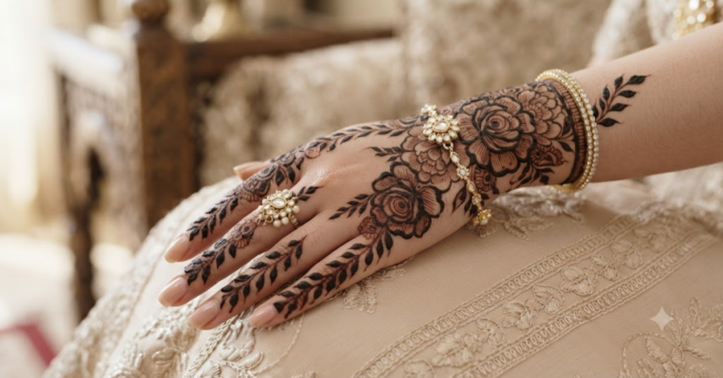 Modern Gulf style bold floral henna design with large flowers