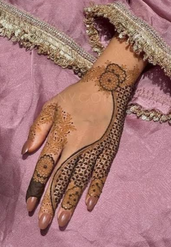 “Close-up of elegant half-hand mehndi design 2026 featuring modern floral and geometric henna patterns applied from fingers to mid-hand, leaving wrist and lower palm clean for a stylish minimal look.”