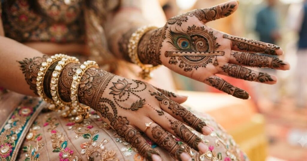 Traditional Janmashtami Mehndi Design with Krishna Symbols