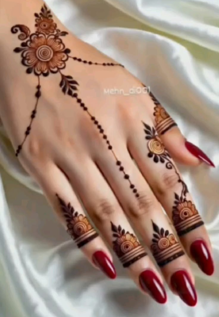 wrist mandala mehndi design for beginners with finger line patterns simple henna circular mandala on wrist and minimal line art on fingers easy elegant mehndi design