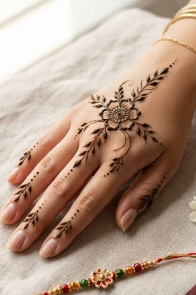 Minimal floral Raksha Bandhan mehndi design with delicate flowers and leafy vines