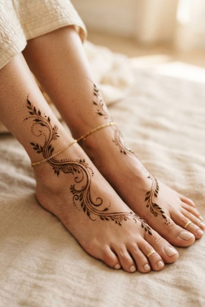 Arabic ankle trail foot mehndi design with delicate flowers, leafy vines, and fine henna details