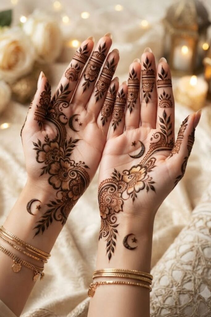 Arabic Eid-Milad-un-Nabi Mehndi Designs 2026 featuring elegant floral and paisley henna patterns