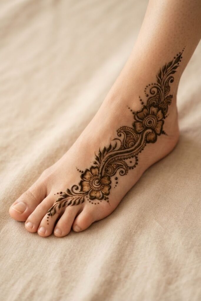 Arabic floral foot trail with elegant one-side henna flowers and leafy vines