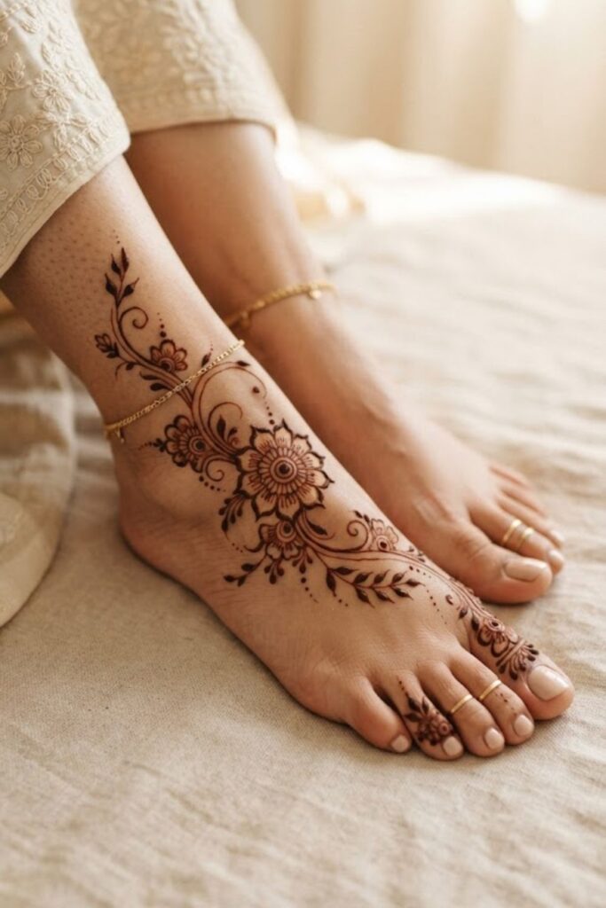 Arabic floral foot mehndi trail with flowers, leafy vines, and delicate henna details