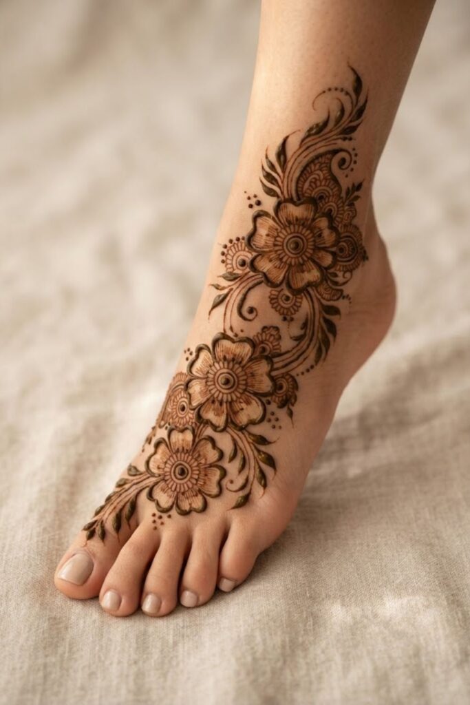 Arabic foot mehndi design with bold floral motifs