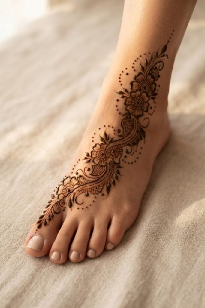 Arabic foot mehndi design with delicate floral patterns and dots