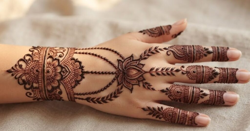 Arabic Jewelry Mehndi Designs featuring elegant Arabic henna patterns, floral chains, bracelet styles, and jewelry-inspired hand designs