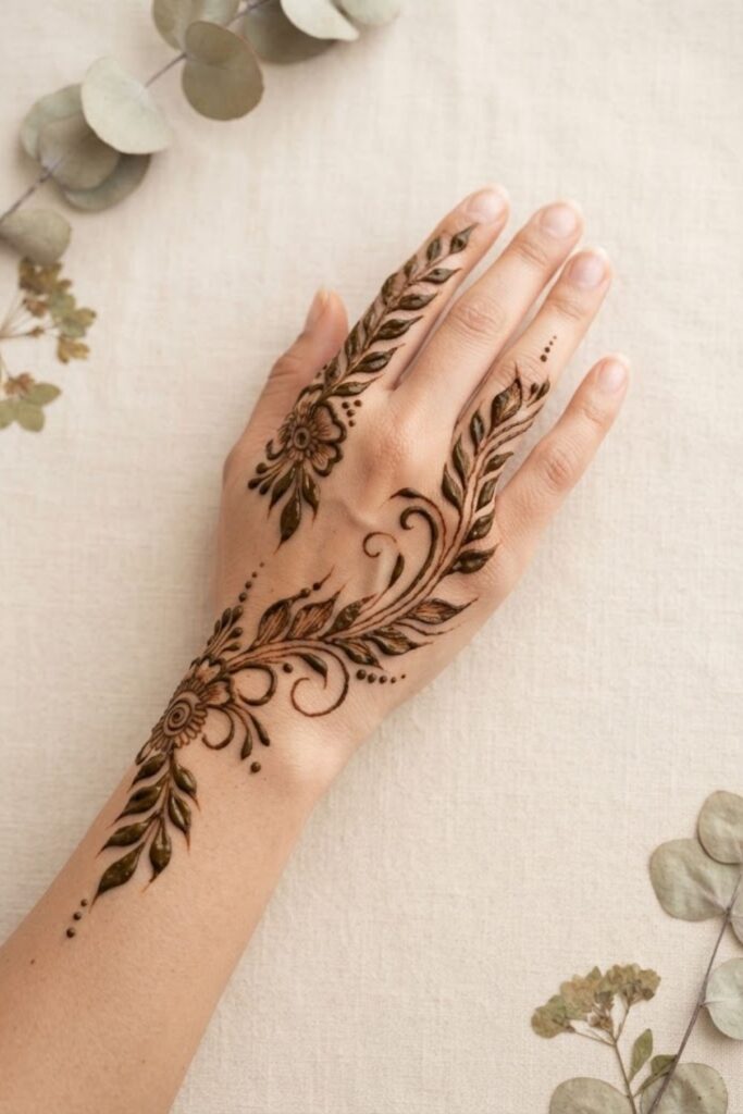 Elegant Arabic leaf mehndi design featuring flowing leafy vines, delicate floral motifs, bold lines, and beautiful negative space. A stylish henna idea for Eid, weddings, parties, and festive occasions.