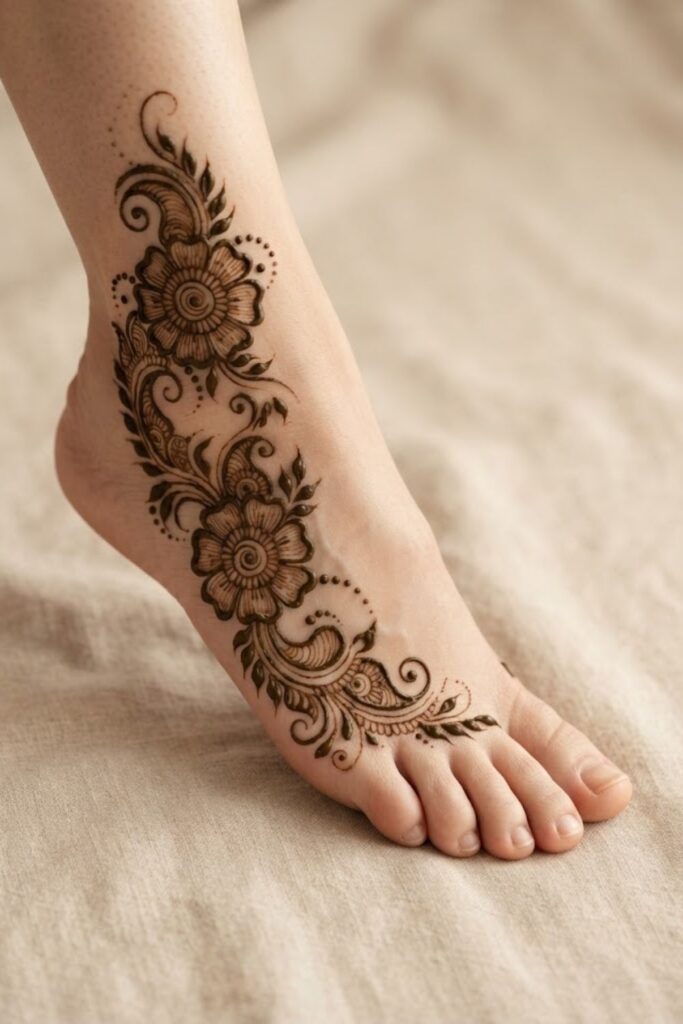 Arabic one side foot mehndi with bold flowers, leafy vines, and paisley details