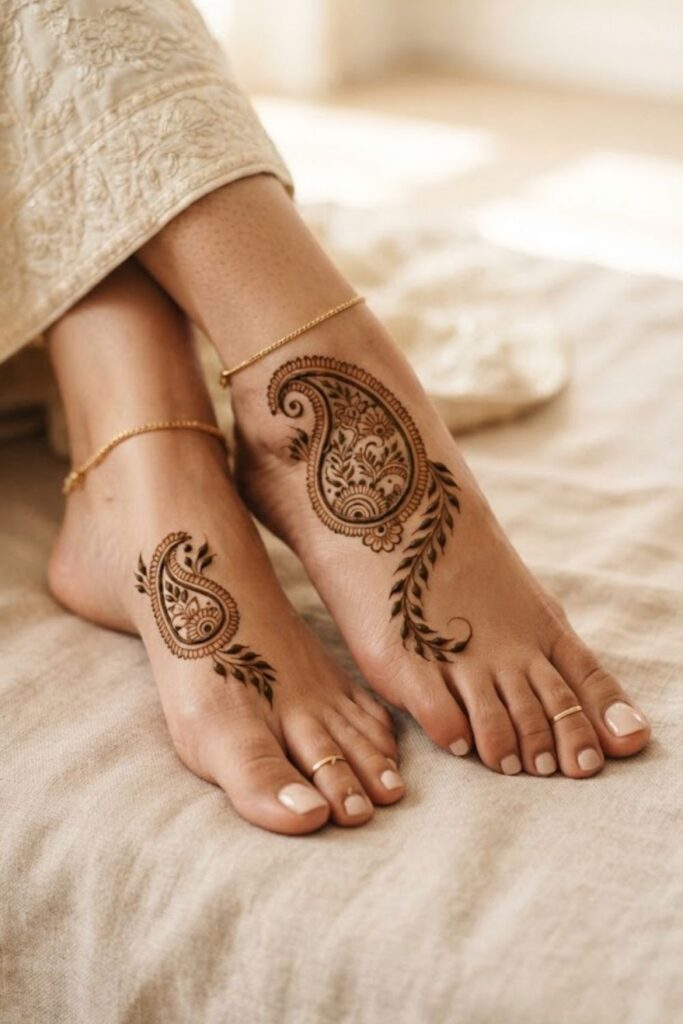 Arabic paisley foot mehndi design with delicate leaves, flowers, vines, and fine henna details