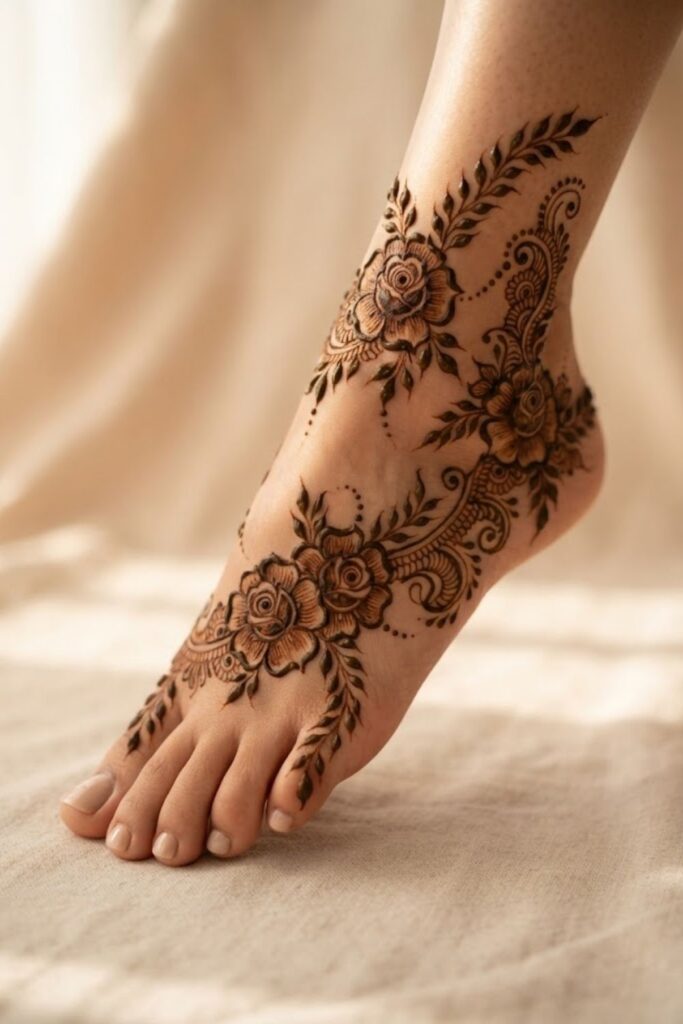 Arabic rose foot mehndi design with floral vines