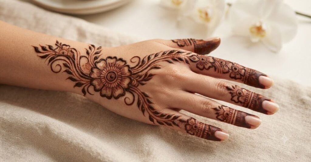 Arabic style party mehndi design with elegant floral patterns and flowing henna details on hand