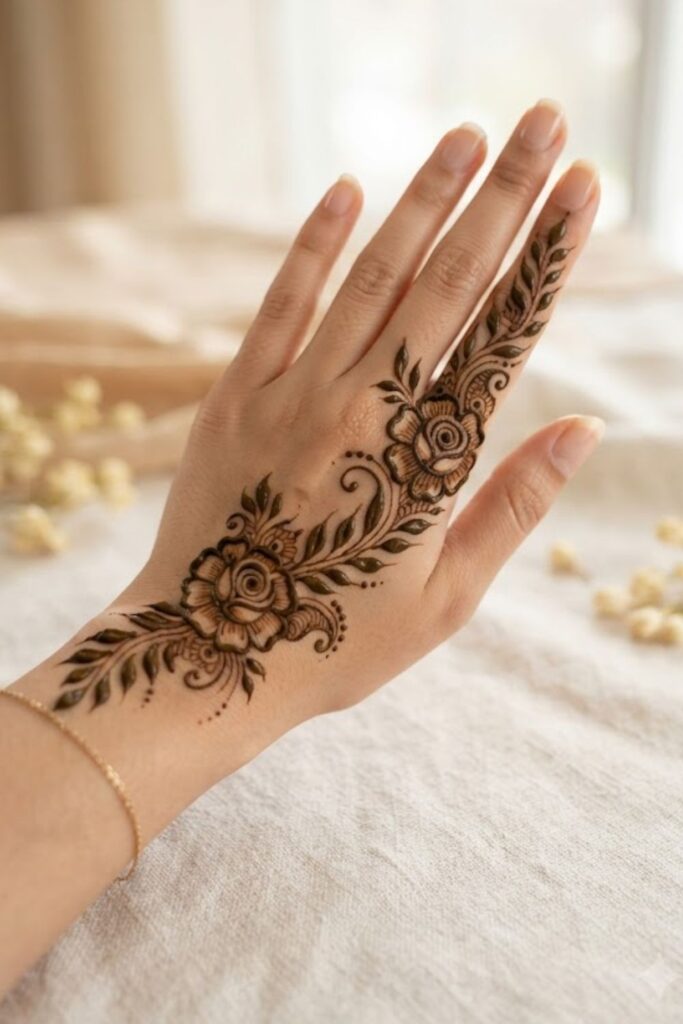 Arabic floral trail mehndi design with bold flowers and leafy vines