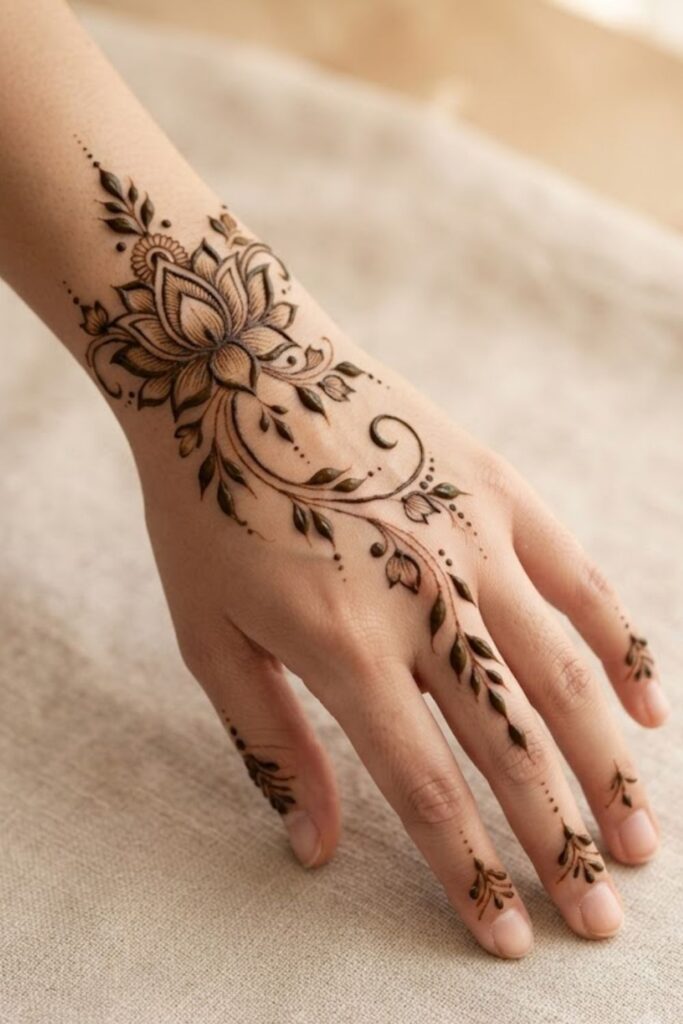 Arabic lotus mehndi design with flowing vines and delicate floral details