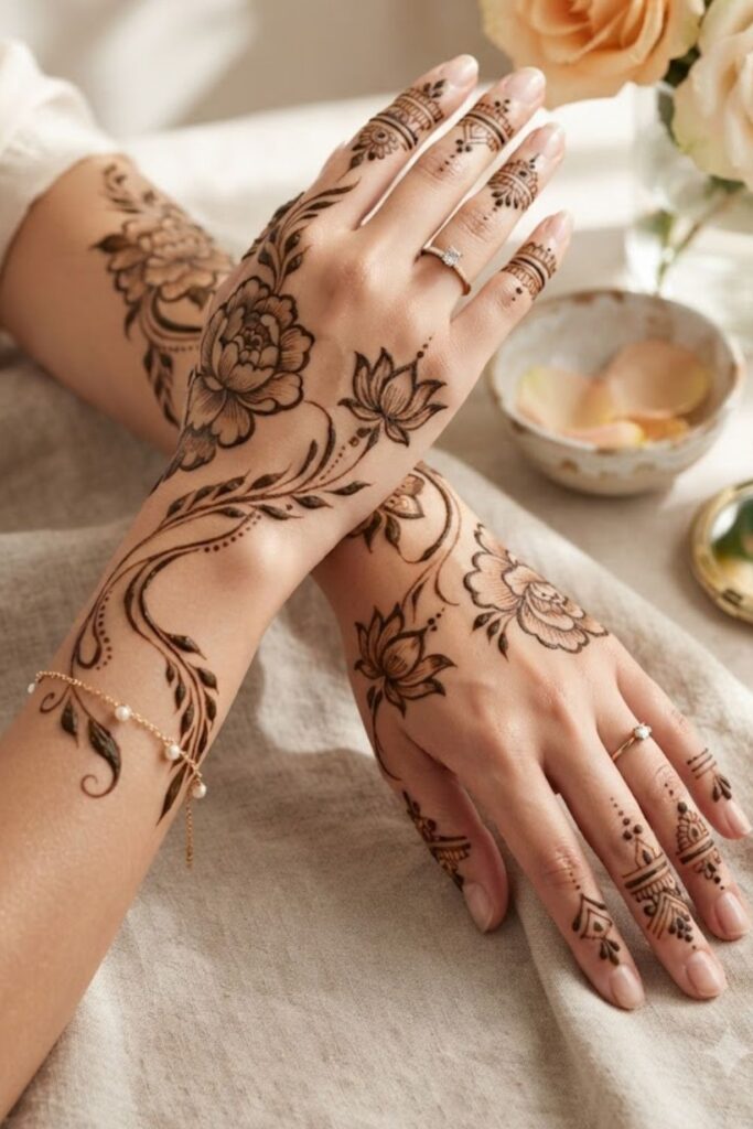 Arabic Mehndi Designs 2026 featuring bold floral patterns, flowing henna trails, and elegant modern Arabic hand designs