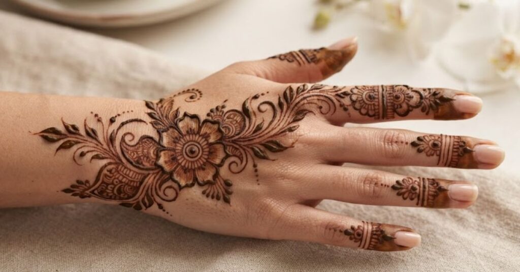 Back hand party mehndi design with elegant floral patterns and stylish henna artwork