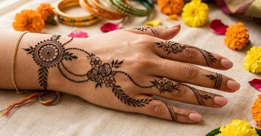 Back Hand Rakhi Mehndi Designs with elegant floral chains and stylish henna patterns