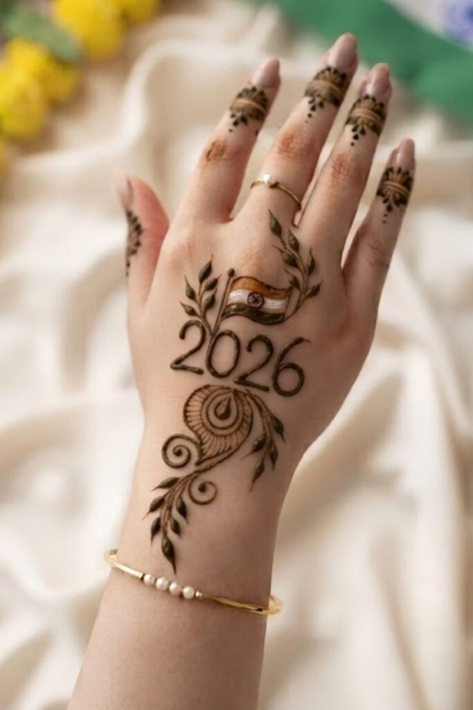 Back Hand Indian Independence Day Mehndi Designs 2026 with floral patterns, Indian flag mehndi design, Ashoka Chakra, and elegant patriotic henna