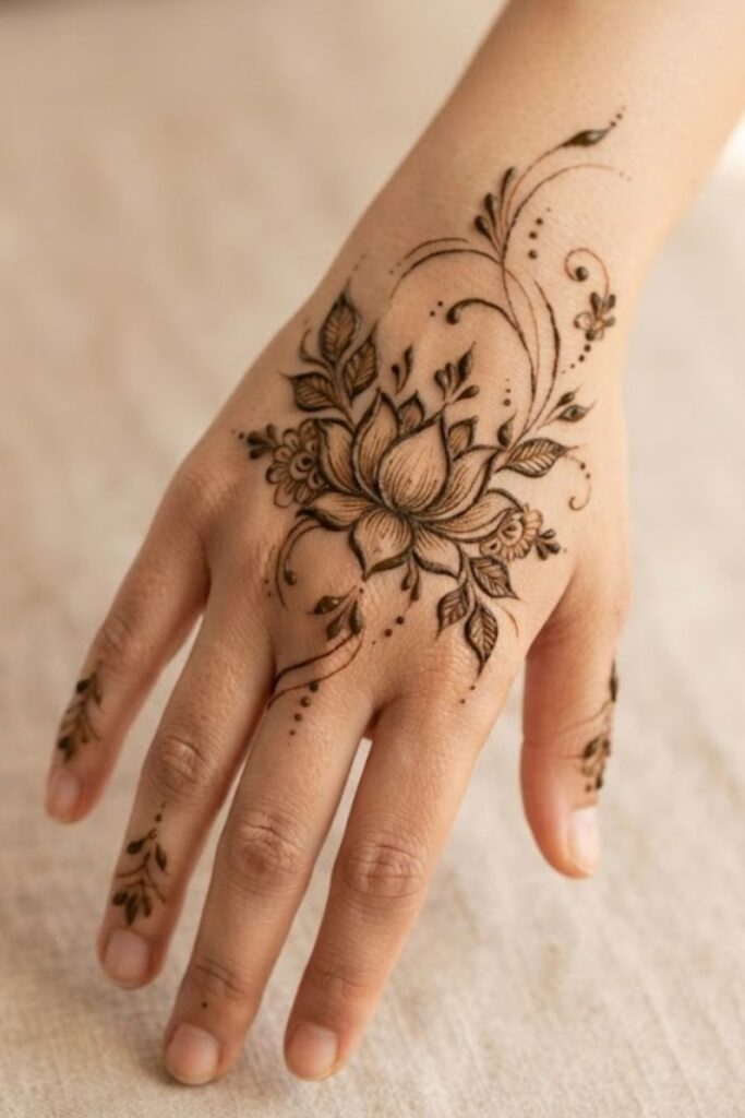 Back hand lotus mehndi design with delicate floral and leafy details