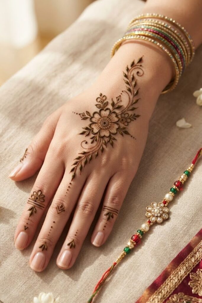 Elegant back hand Raksha Bandhan mehndi design with floral vines and delicate details