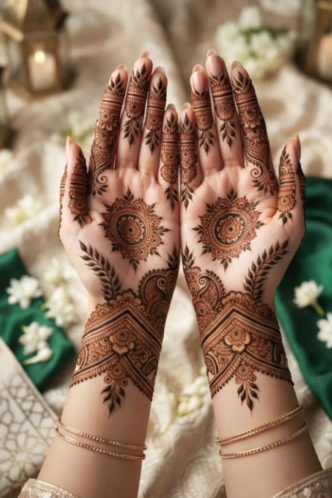 Bangladeshi Inspired Eid Milad un Nabi Mehndi Designs featuring intricate floral, paisley, and mandala henna patterns