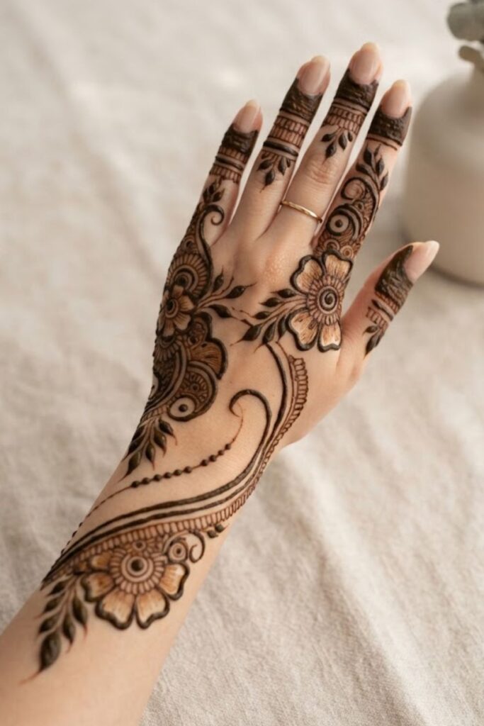 Bold Arabic Mehndi Design with thick paisleys, floral motifs, and leafy vines