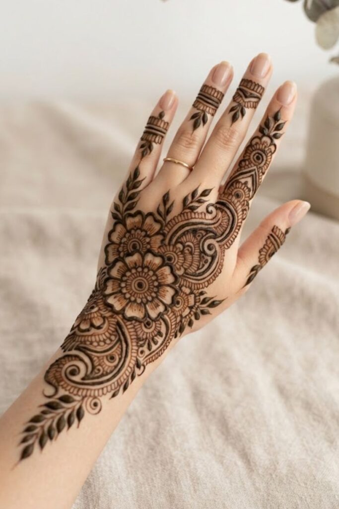 Bold Back Hand Mehndi Design with thick floral, paisley, and leafy patterns