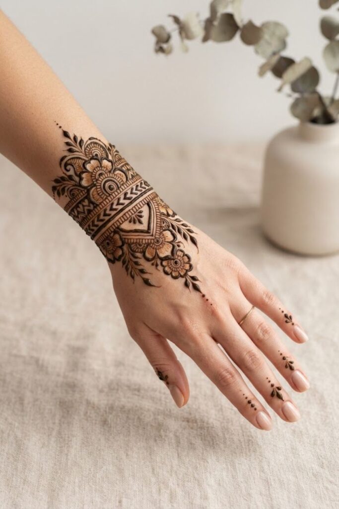 Bold Bracelet Mehndi Design with thick floral, paisley, and leafy henna patterns