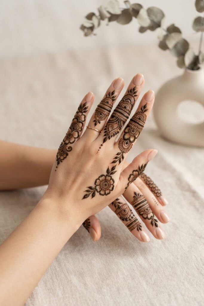 Bold Finger Mehndi Design with thick floral, paisley, and geometric patterns