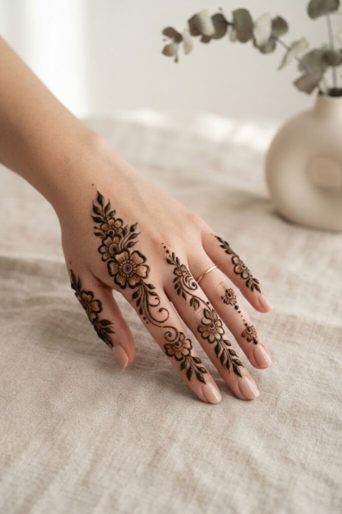 Bold Floral Finger Trails Mehndi Design with thick flowers, leafy vines, and curved henna lines