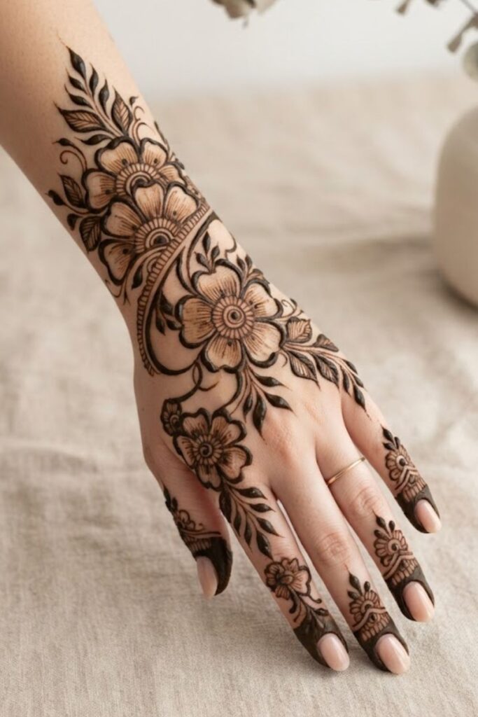 Bold Floral Mehndi Design with thick-line flowers and leafy vine patterns