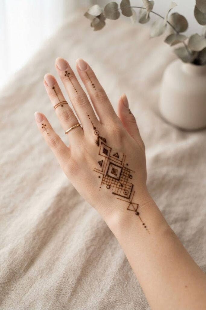 Bold Geometric Mehndi Design with thick lines, diamonds, grids, and symmetrical patterns