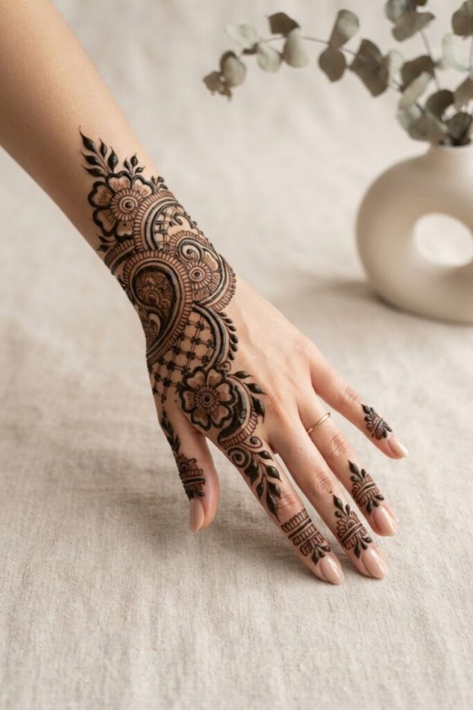Bold Half-Hand Mehndi Design with thick floral, paisley, and leafy patterns