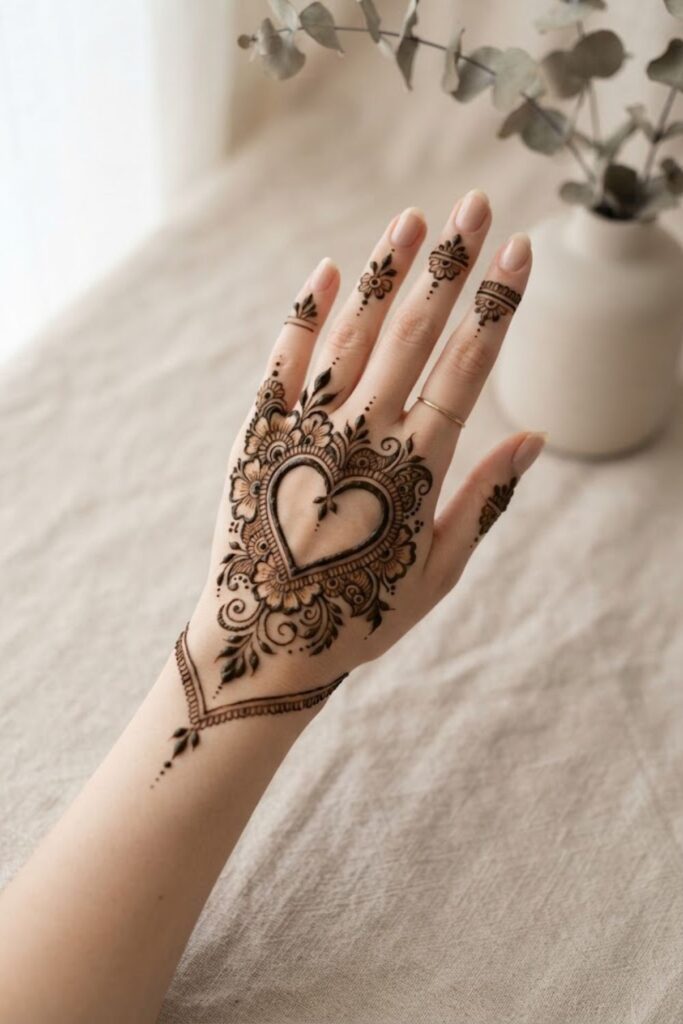 Bold Heart Mehndi Design with thick floral outlines, leafy vines, and paisley details