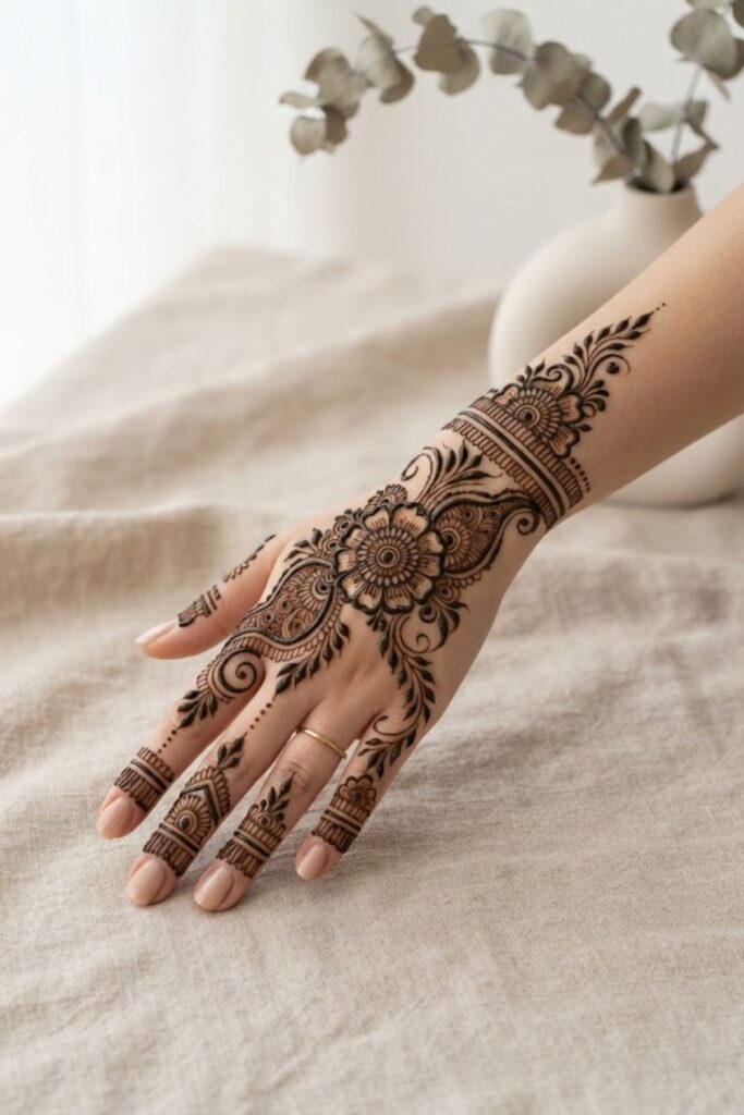 Bold Indo-Arabic Mehndi Design with thick paisleys, floral motifs, leafy vines, and mandala details