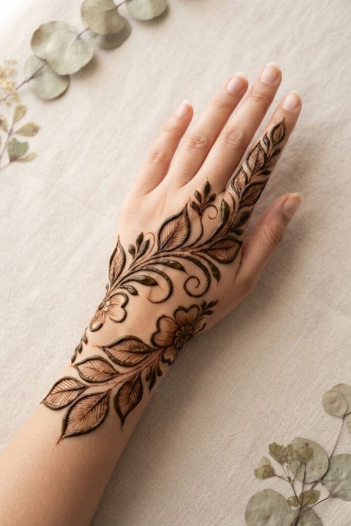 Make a statement with this bold leaf mehndi design featuring large leaves, thick outlines, graceful vines, subtle shading, and beautiful negative space. A striking henna idea for festive occasions and celebrations.
