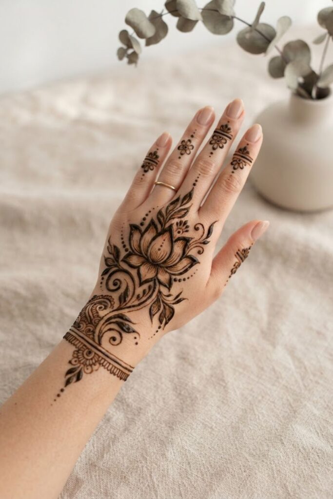 Bold Lotus Mehndi Design with thick lotus petals, leafy details, and dark henna lines