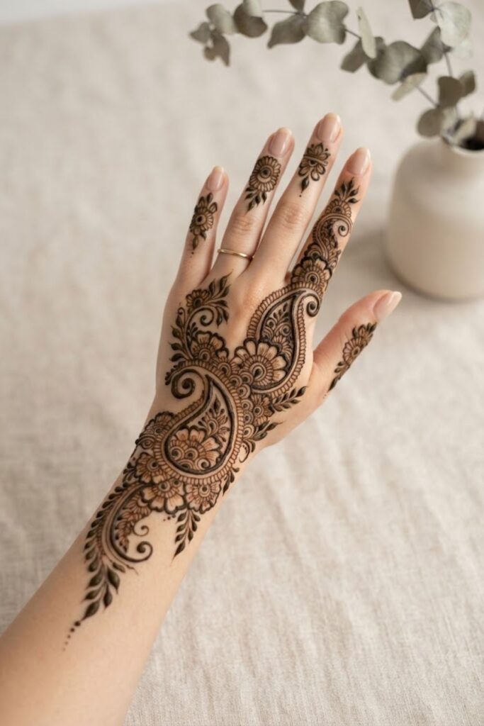 Bold Paisley Mehndi Design with thick lines, floral details, and leafy patterns