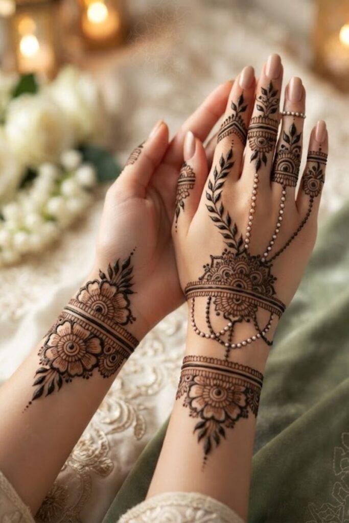 Bracelet Eid Milad un Nabi Mehndi Designs featuring elegant floral wrist cuff and jewelry-inspired henna patterns