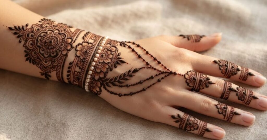 Bracelet Mehndi Designs featuring elegant wrist bracelet patterns, floral henna details, and jewelry-inspired mehndi art on female hands