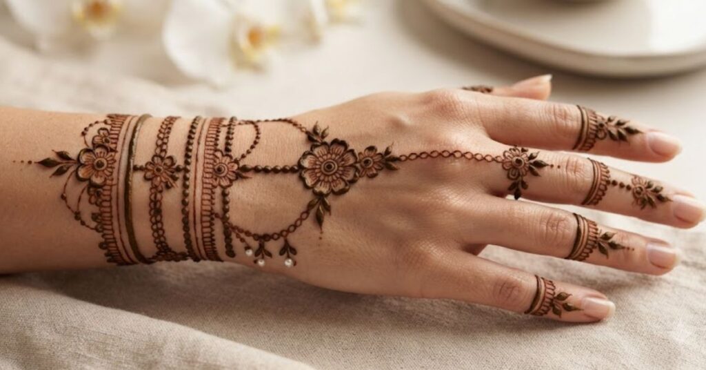 Bracelet style party mehndi design with elegant wrist patterns and decorative henna details