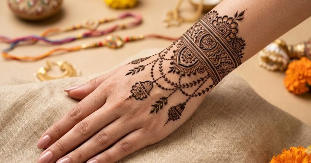 Bracelet style Rakhi mehndi design with elegant wrist henna pattern