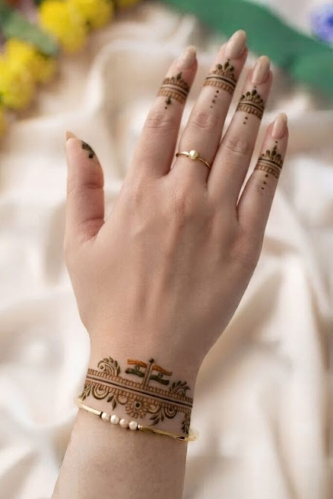 Bracelet Mehndi Inspired by Independence Day with jewelry style henna, Indian flag mehndi design, floral bracelet patterns, and patriotic details