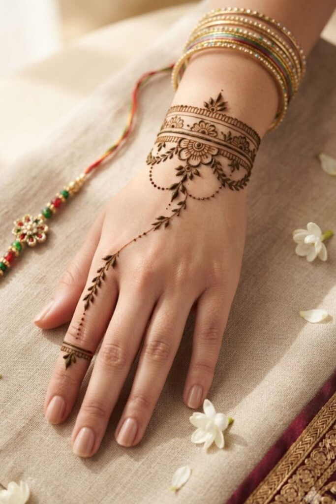 Bracelet style Raksha Bandhan mehndi design with delicate floral wrist patterns